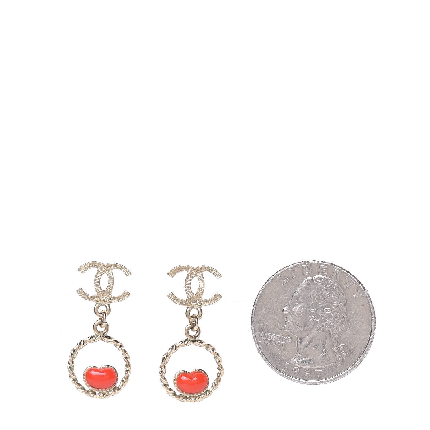 Chanel Enamel CC Heart Drop Earrings Red Gold 2 of 3