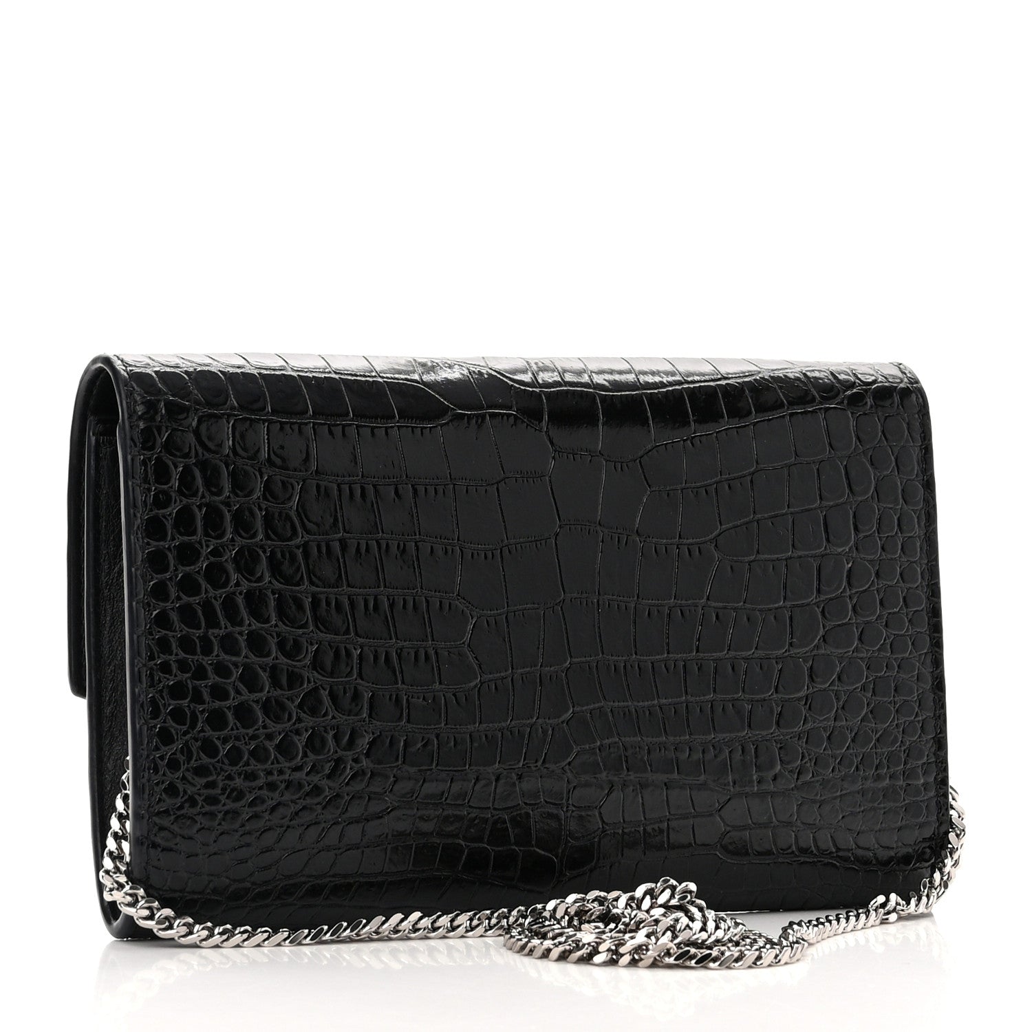 Saint Laurent Calfskin Crocodile Embossed Monogram Uptown Chain Wallet Black 3 of 11