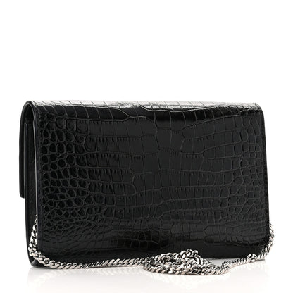 Saint Laurent Calfskin Crocodile Embossed Monogram Uptown Chain Wallet Black 3 of 11