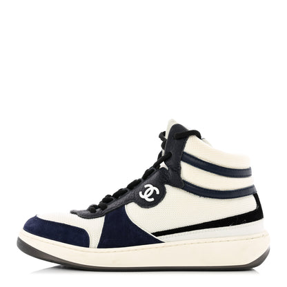 Chanel Suede Fabric Grained Calfskin Womens CC High Top Sneakers 37 White Navy 1 of 21