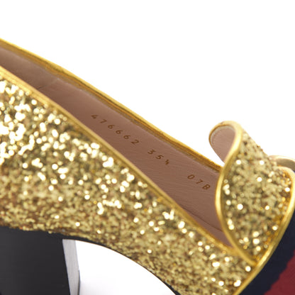 Gucci Glitter Nappa Web Peyton 75mm Loafer Pumps 35.5 Oro Vecchio 8 of 10