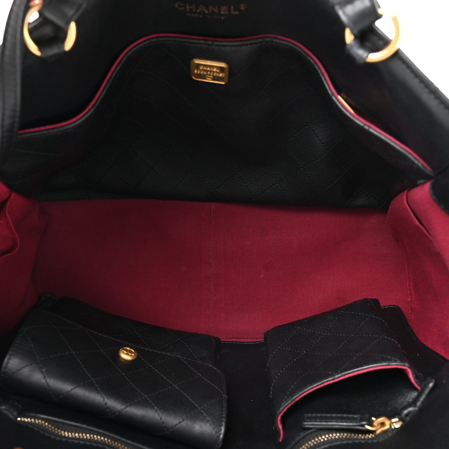 Calfskin Quilted Book Pocket Shopping Tote Black