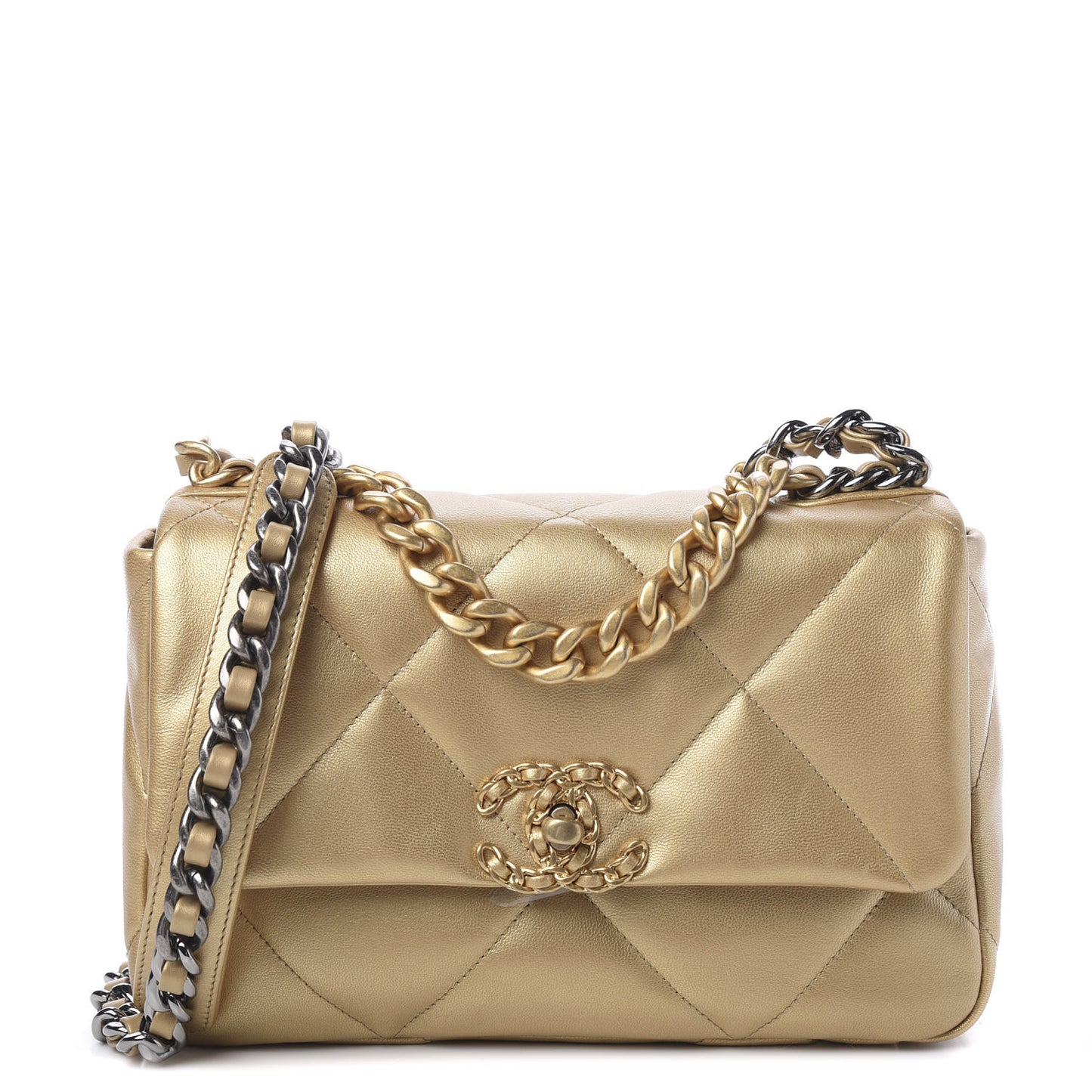 Metallic Goatskin Quilted Medium 19 Flap Gold