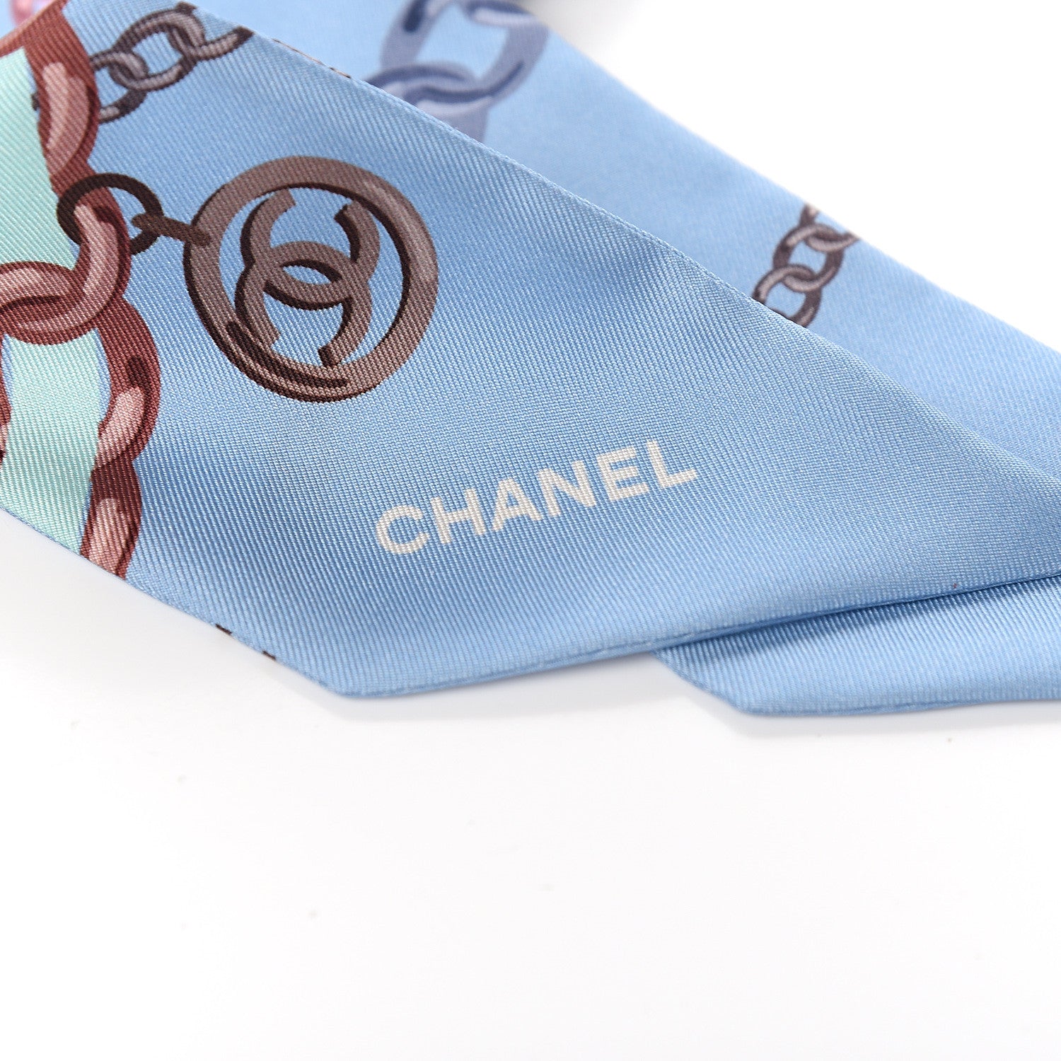 Chanel Silk Pearl CC Chain Slim Bandeau Scarf Blue 3 of 3