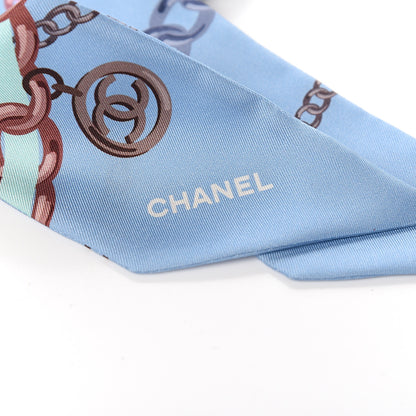 Chanel Silk Pearl CC Chain Slim Bandeau Scarf Blue 3 of 3