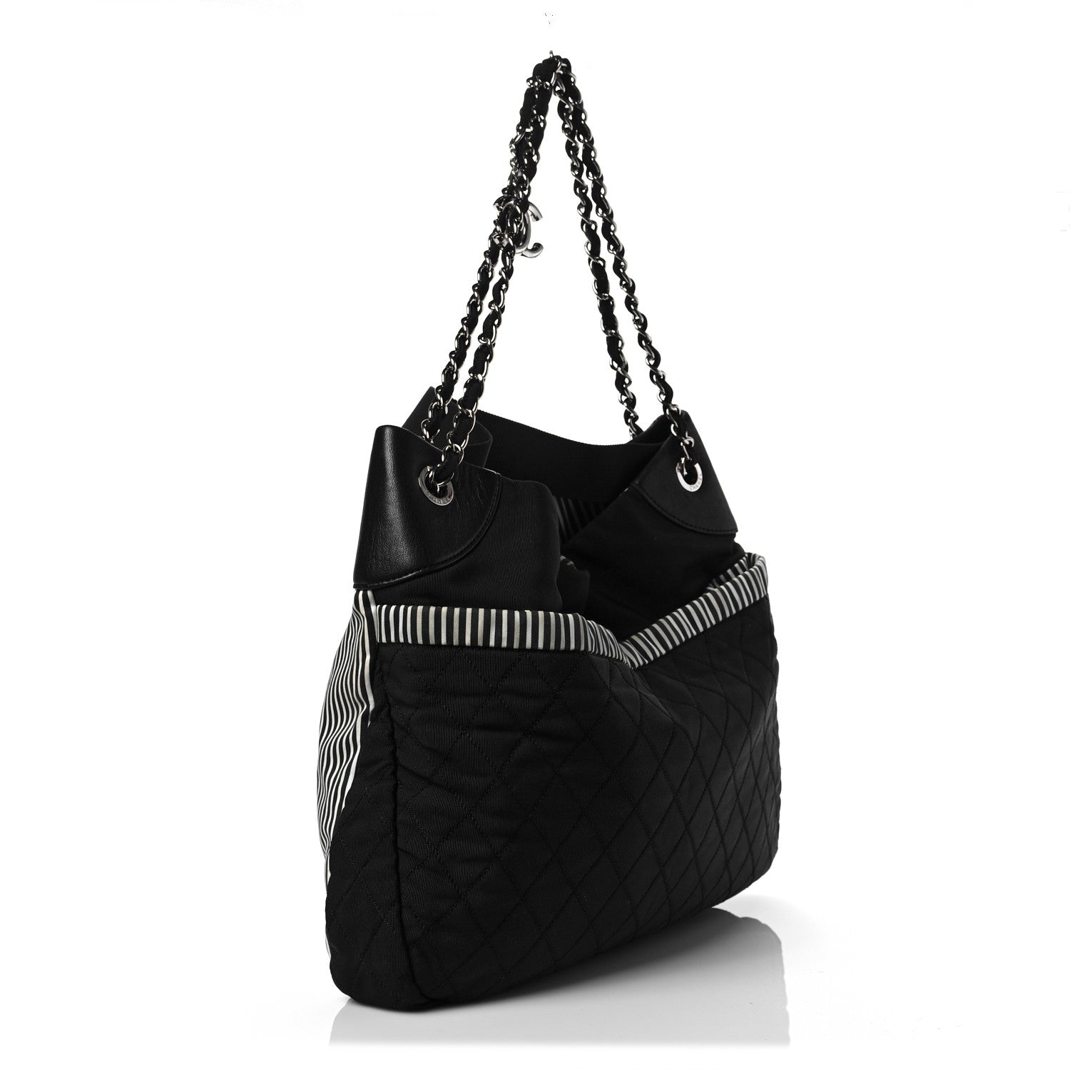 Chanel Striped Canvas Logo Tote Black 3 of 10