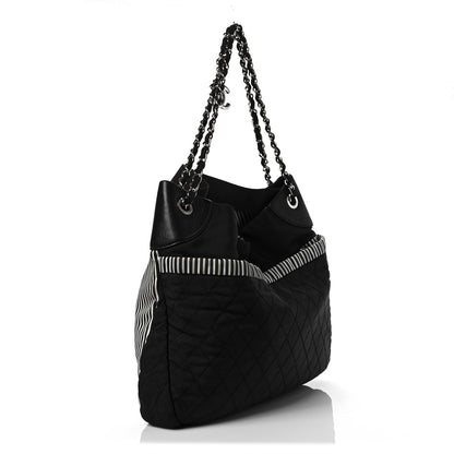 Chanel Striped Canvas Logo Tote Black 3 of 10