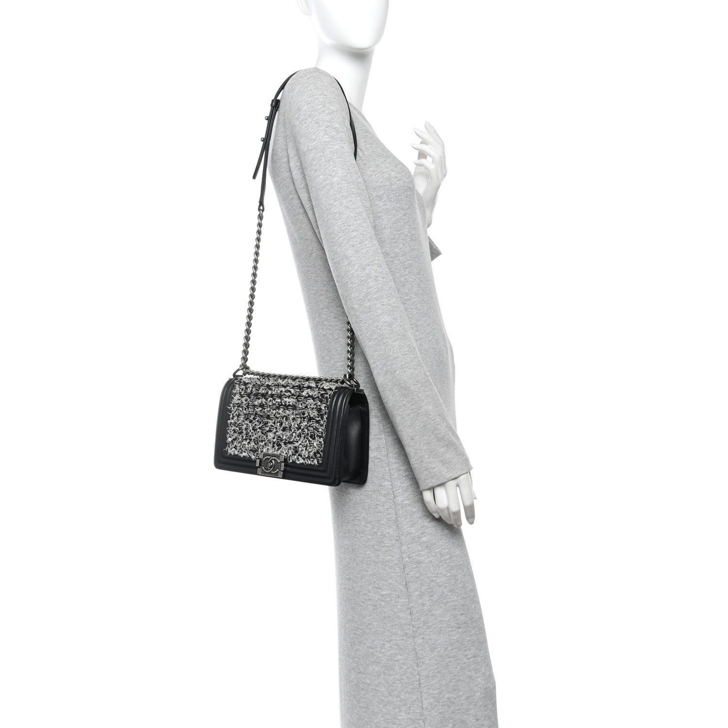 Chanel Tweed Calfskin Medium Boy Flap Black White 2 of 11