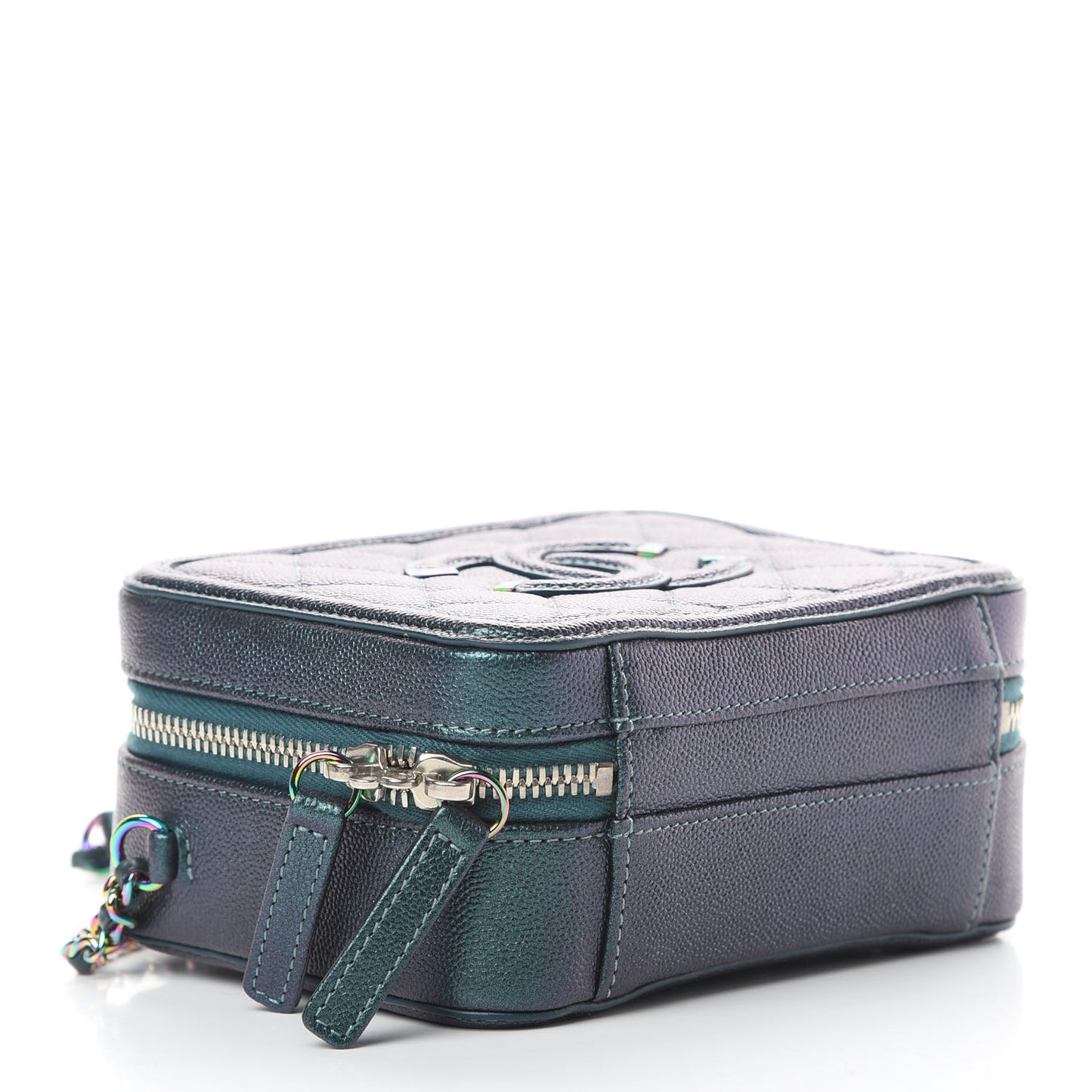 Iridescent Caviar Quilted Small CC Filigree Vanity Case Dark Turquoise