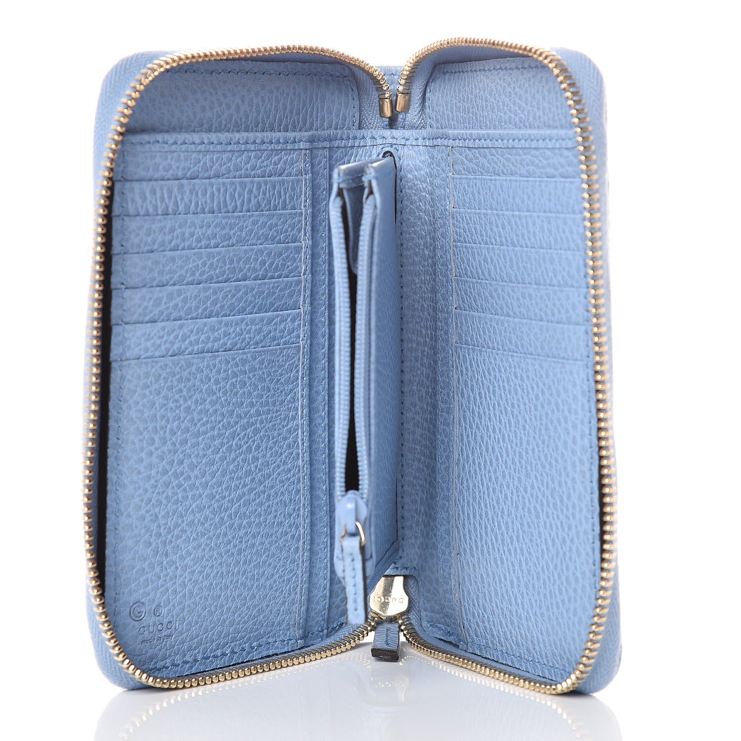 Gucci Monogram Dollar Calfskin Zip Around Compact Wallet Beige Ebony Mineral Blue 5 of 8