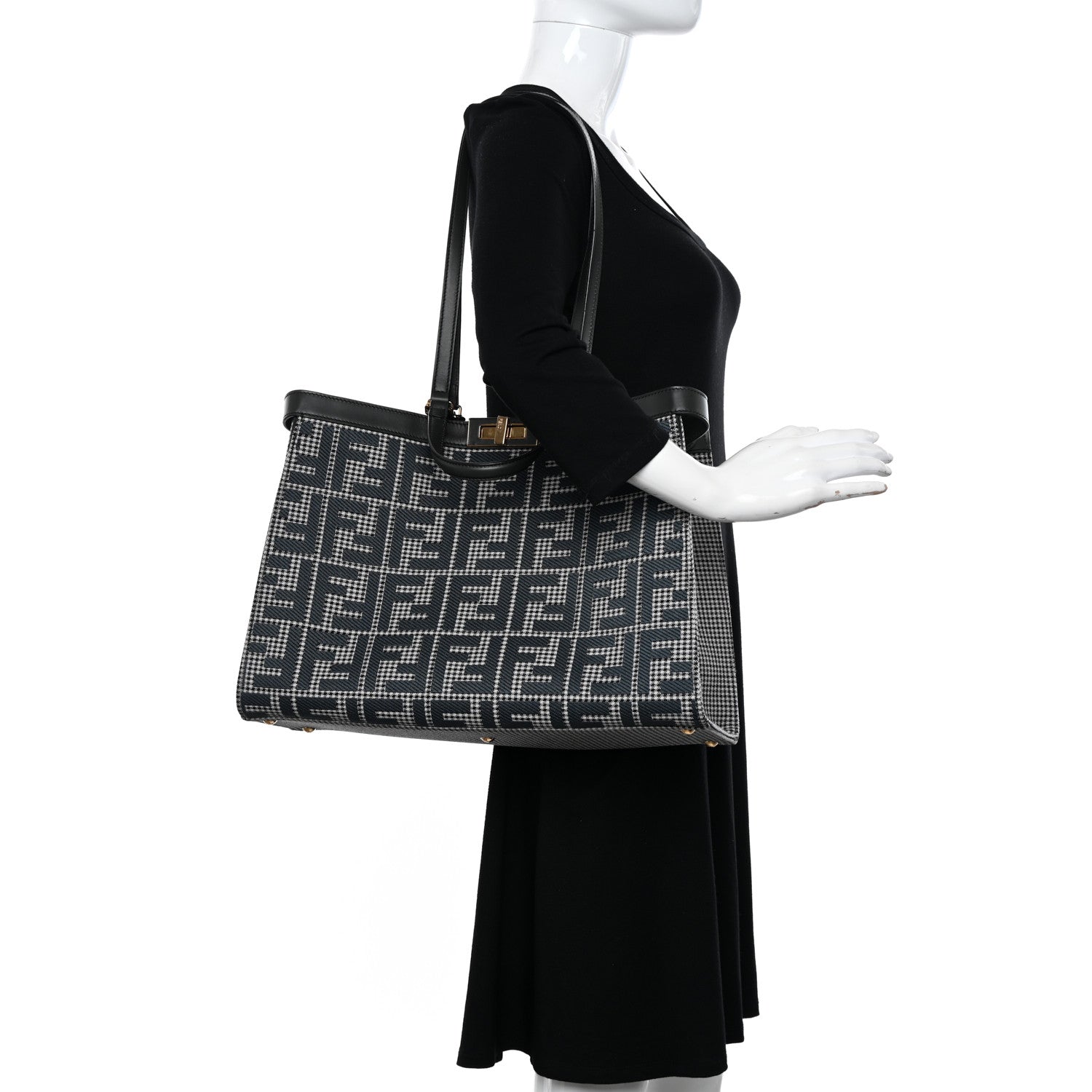 Fendi Wool Vitello King Houndstooth FF Embroidered Medium Peekaboo X-Tote Grigio Anthracite 2 of 10
