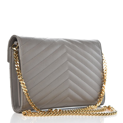 Saint Laurent Grain De Poudre Matelasse Chevron Monogram Chain Wallet Oyster Grey 3 of 12