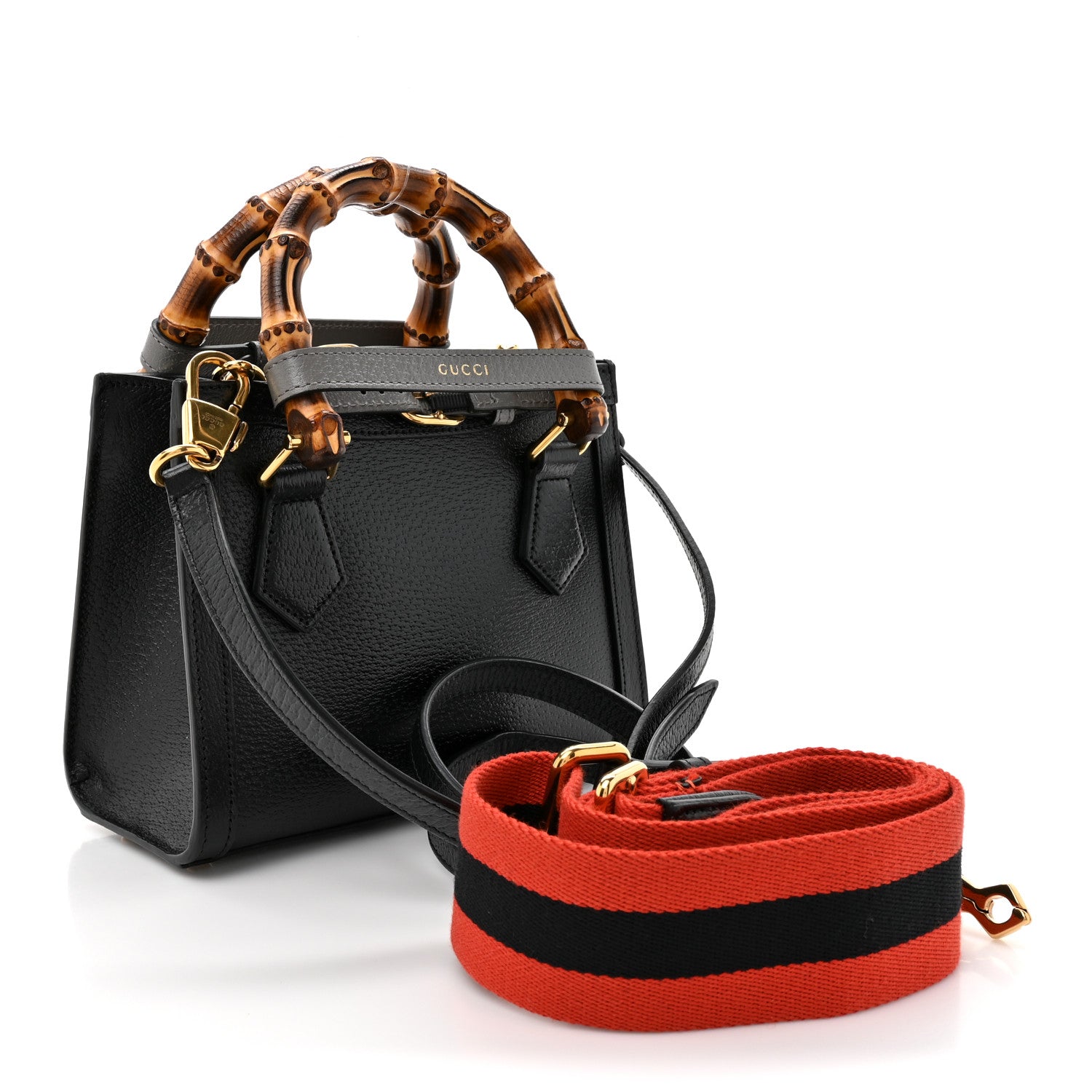 GUCCIバッグ Gucci Textured Dollar Calfskin Web Mini Diana Tote Bag Black