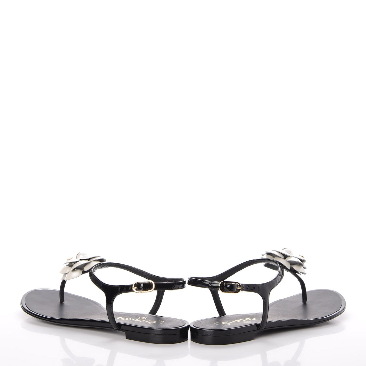 Patent Calfskin Camellia Thong Sandals 40 Black White