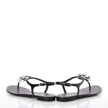 Chanel Patent Calfskin Camellia Thong Sandals 40 Black White 5 of 14