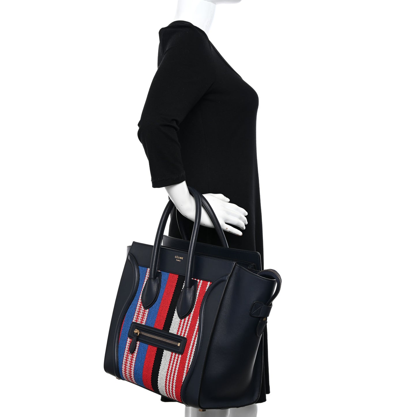 Smooth Calfskin Striped Cotton Canvas Mini Luggage Navy Blue