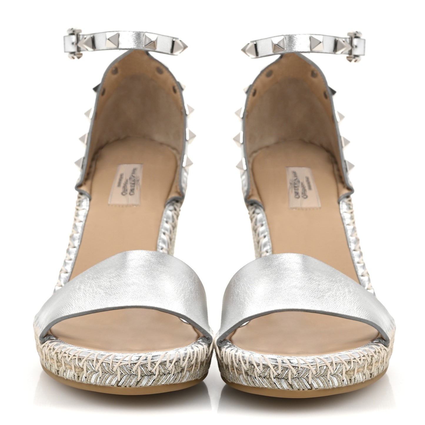 Metallic Grained Calfskin Rockstud Crisscross Ankle Strap Espadrille Wedge Sandals 39 Silver