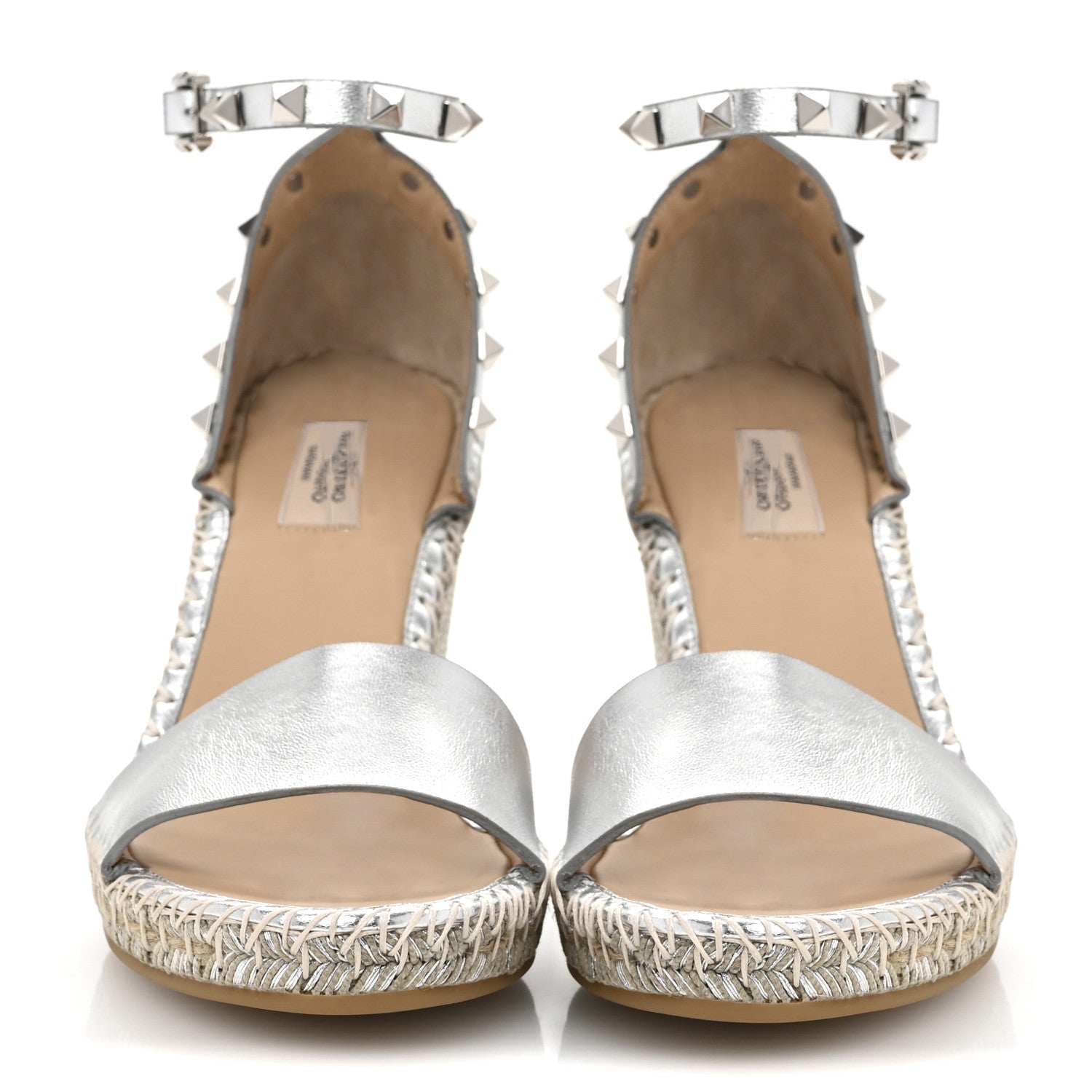 Valentino Garavani Metallic Grained Calfskin Rockstud Crisscross Ankle Strap Espadrille Wedge Sandals 39 Silver 3 of 11