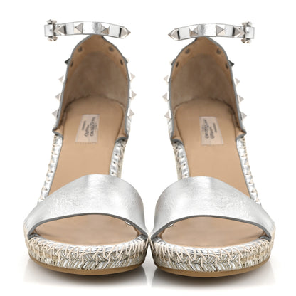 Valentino Garavani Metallic Grained Calfskin Rockstud Crisscross Ankle Strap Espadrille Wedge Sandals 39 Silver 3 of 11