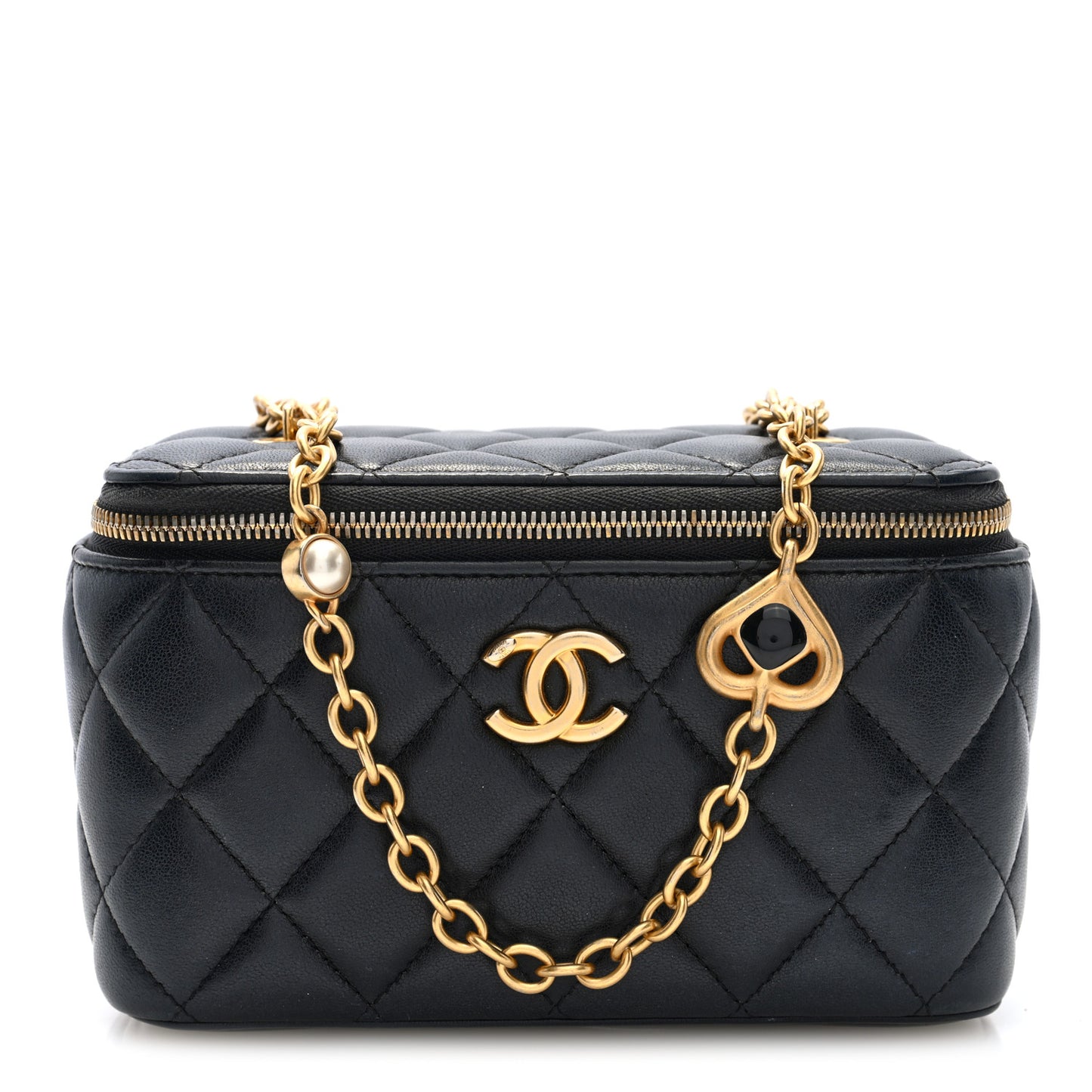 Lambskin Enamel Pearl Quilted Small Charm Me Vanity Case With Chain Black