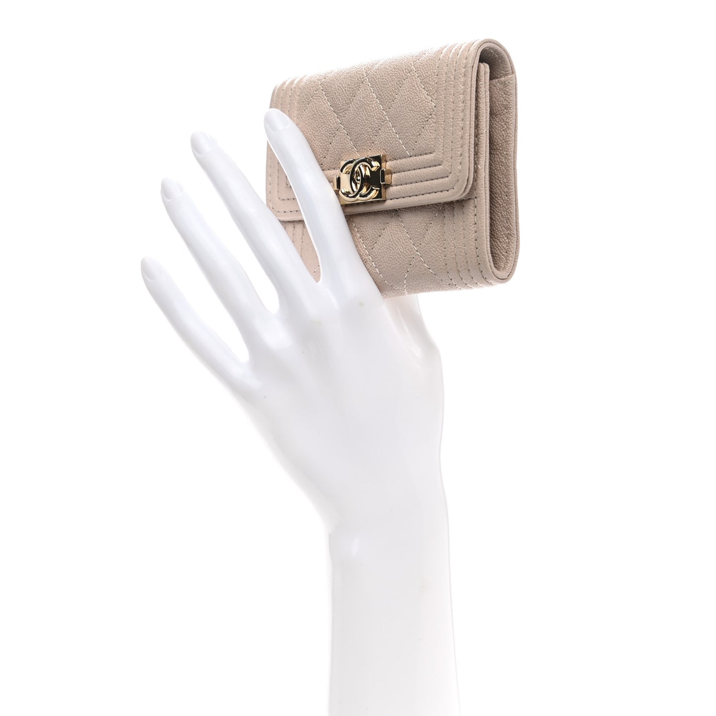 Caviar Quilted Boy Card Holder Wallet Beige