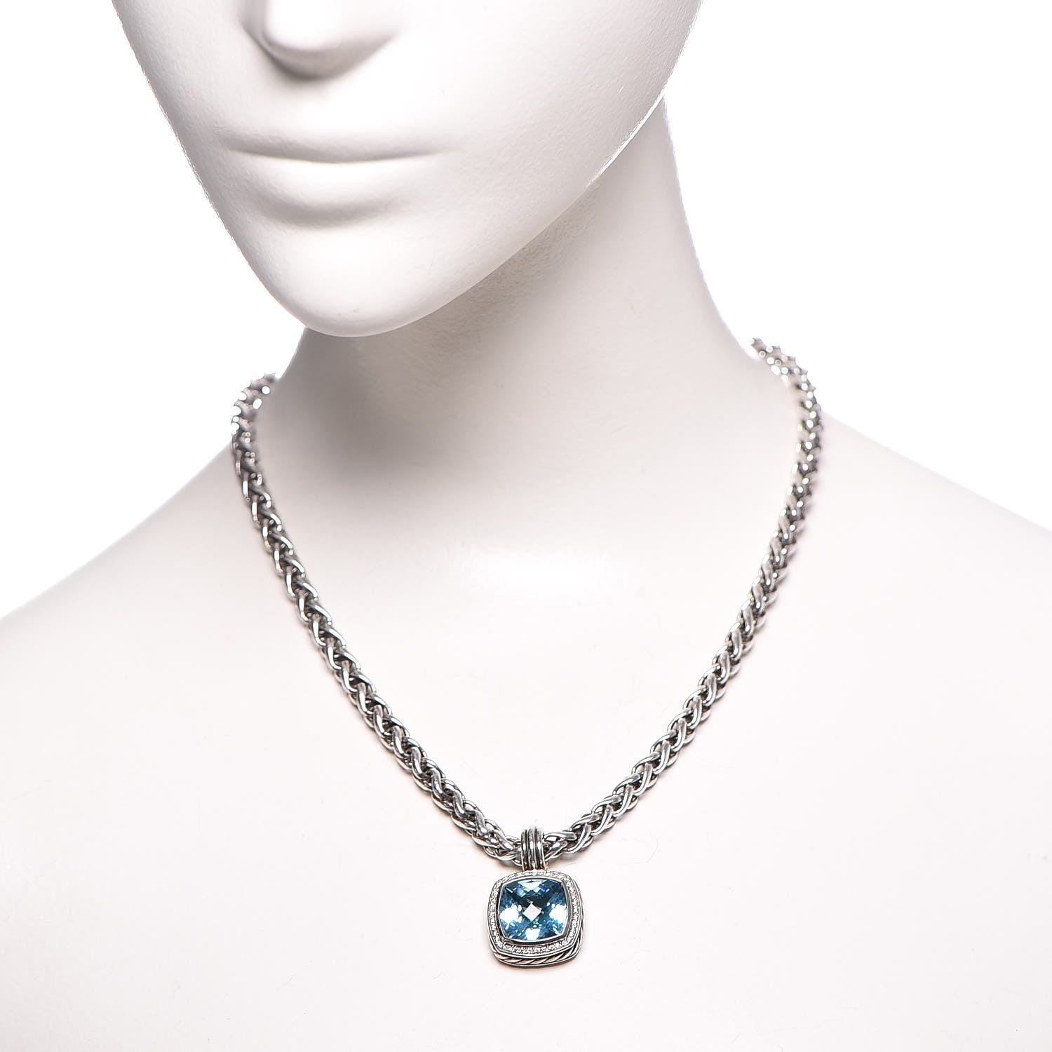 David Yurman Sterling Silver Diamond Blue Topaz 14mm Albion Enhancer Pendant Wheat Chain Necklace 2 of 6
