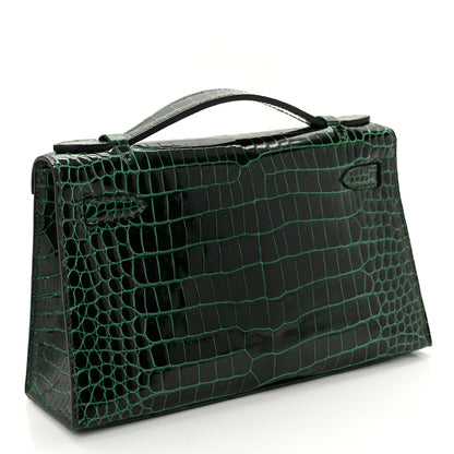 Hermes Shiny Porosus Crocodile Kelly Pochette Vert Cypress 3 of 19