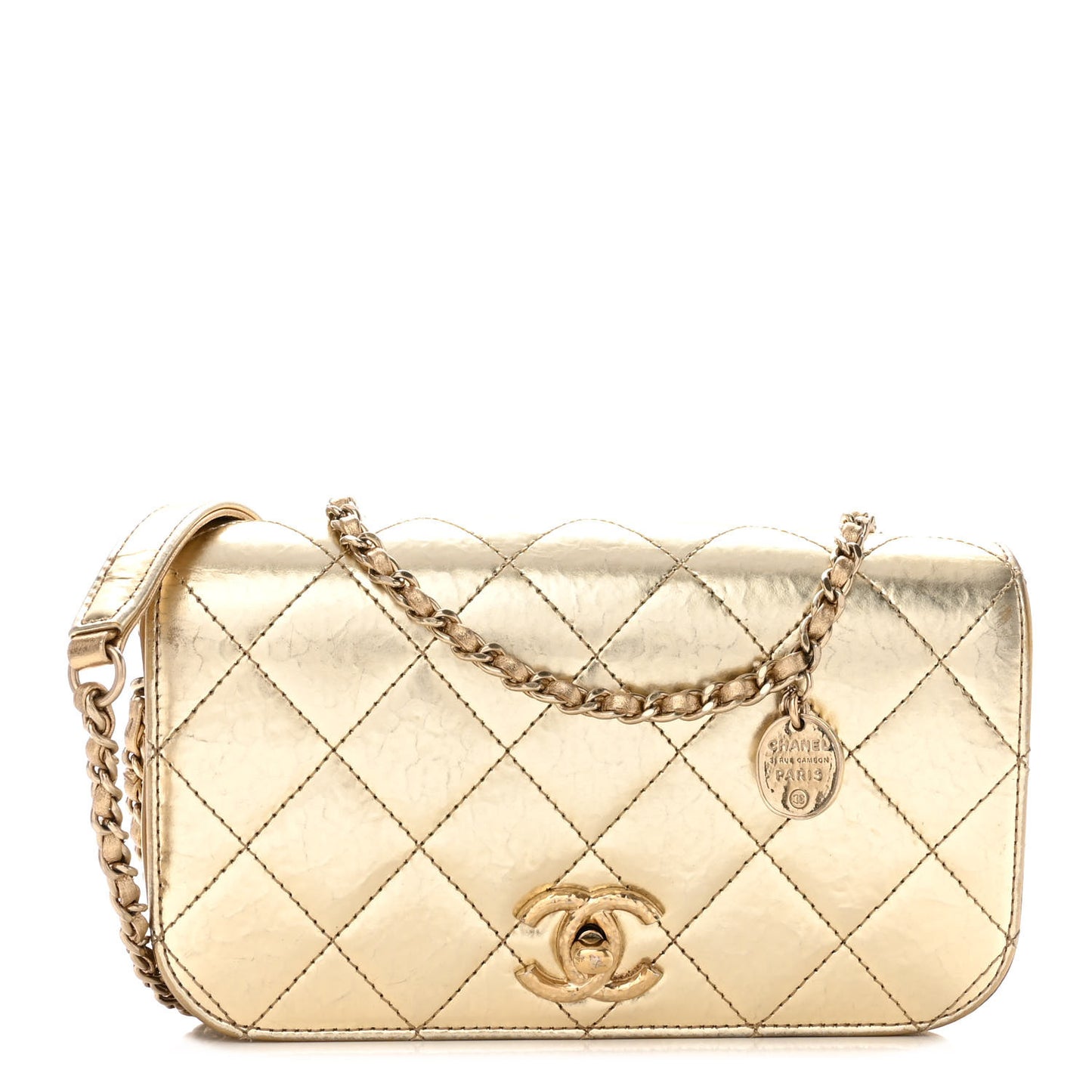 Hammered Metallic Calfskin Quilted Flap Gold