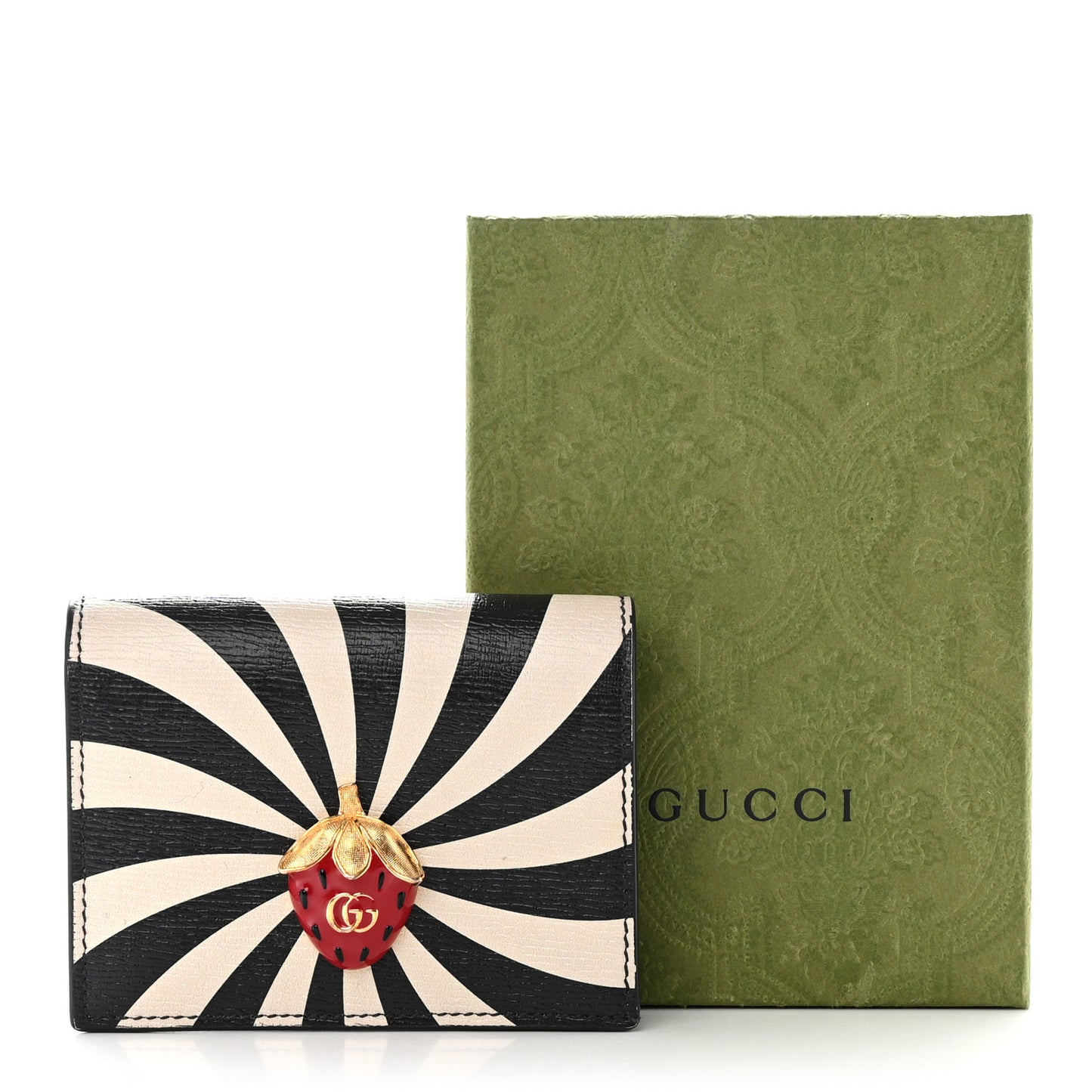 Textured Calfskin Double G Strawberry Card Case Black White