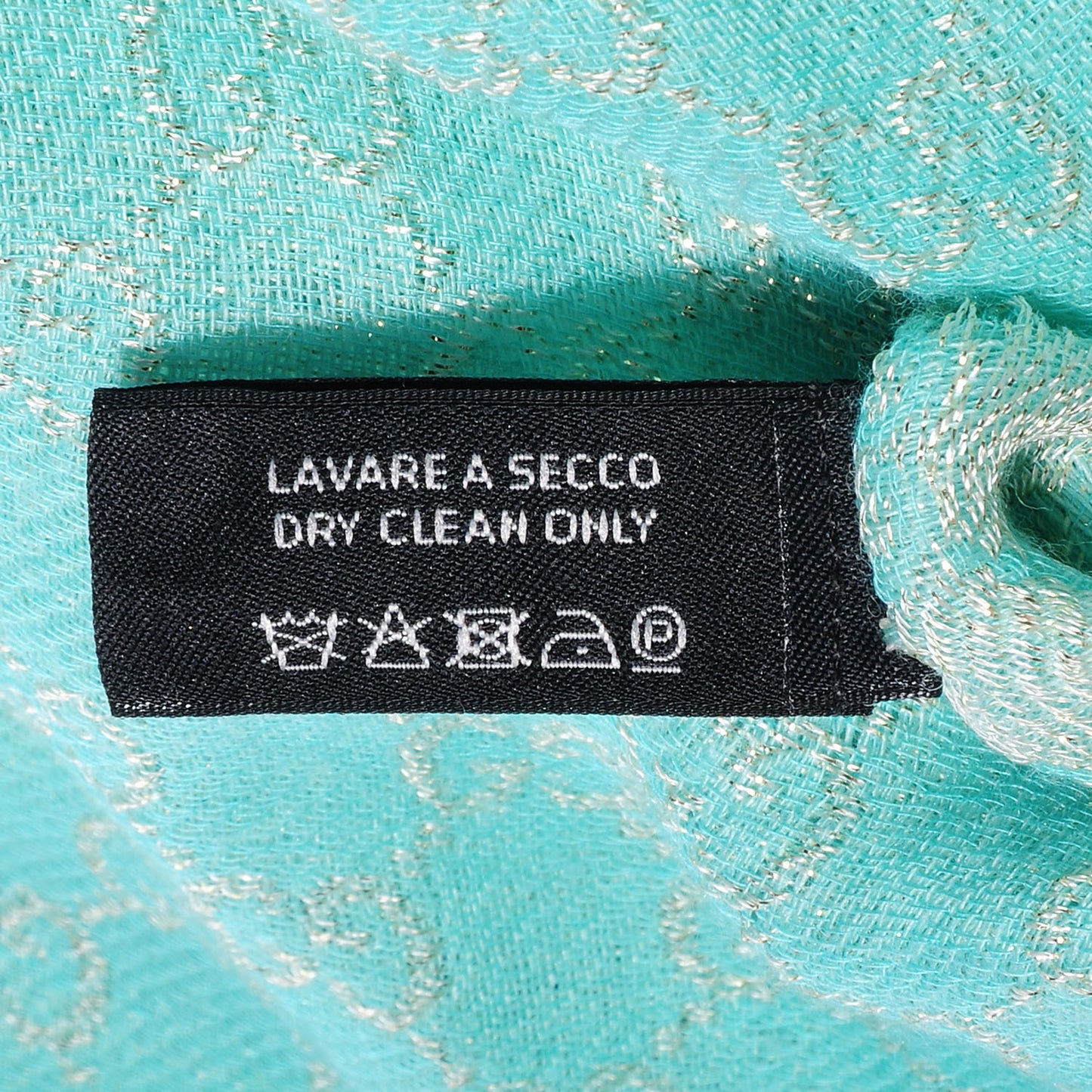 Wool Silk Jacquard Monogram Fringe Scarf Aqua Gold