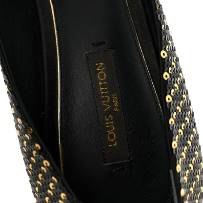 Louis Vuitton Sequin Peep Toe Platform Pumps 39 Black Gold 8 of 11