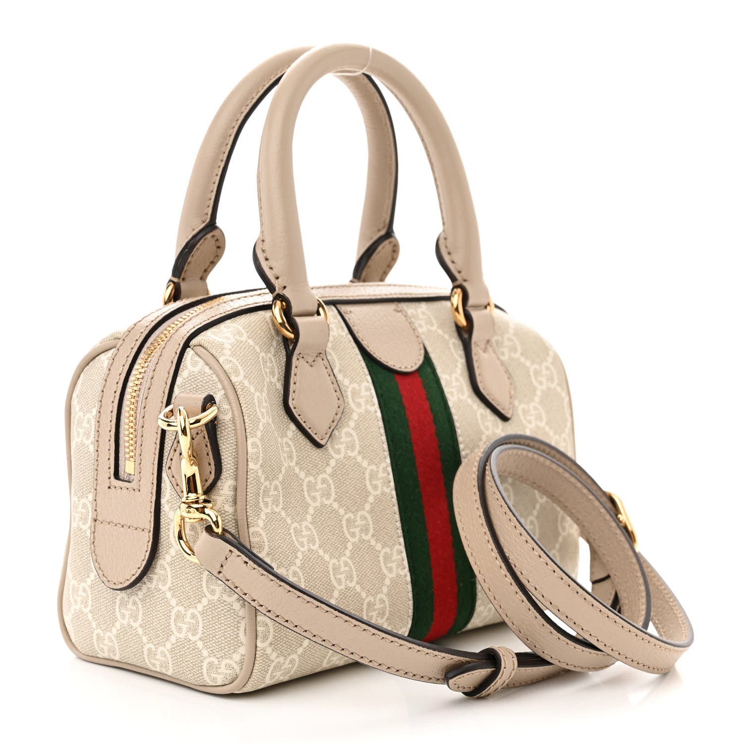 Gucci GG Supreme Monogram Textured Dollar Calfskin Web Ophidia Mini Top Handle Bag Beige Mystic White Oatmeal 3 of 9