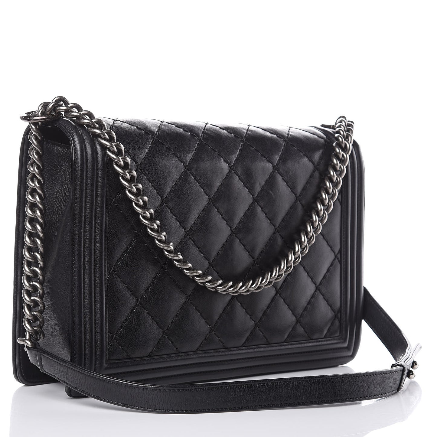 Calfskin Double Stitch Large Boy Flap Black