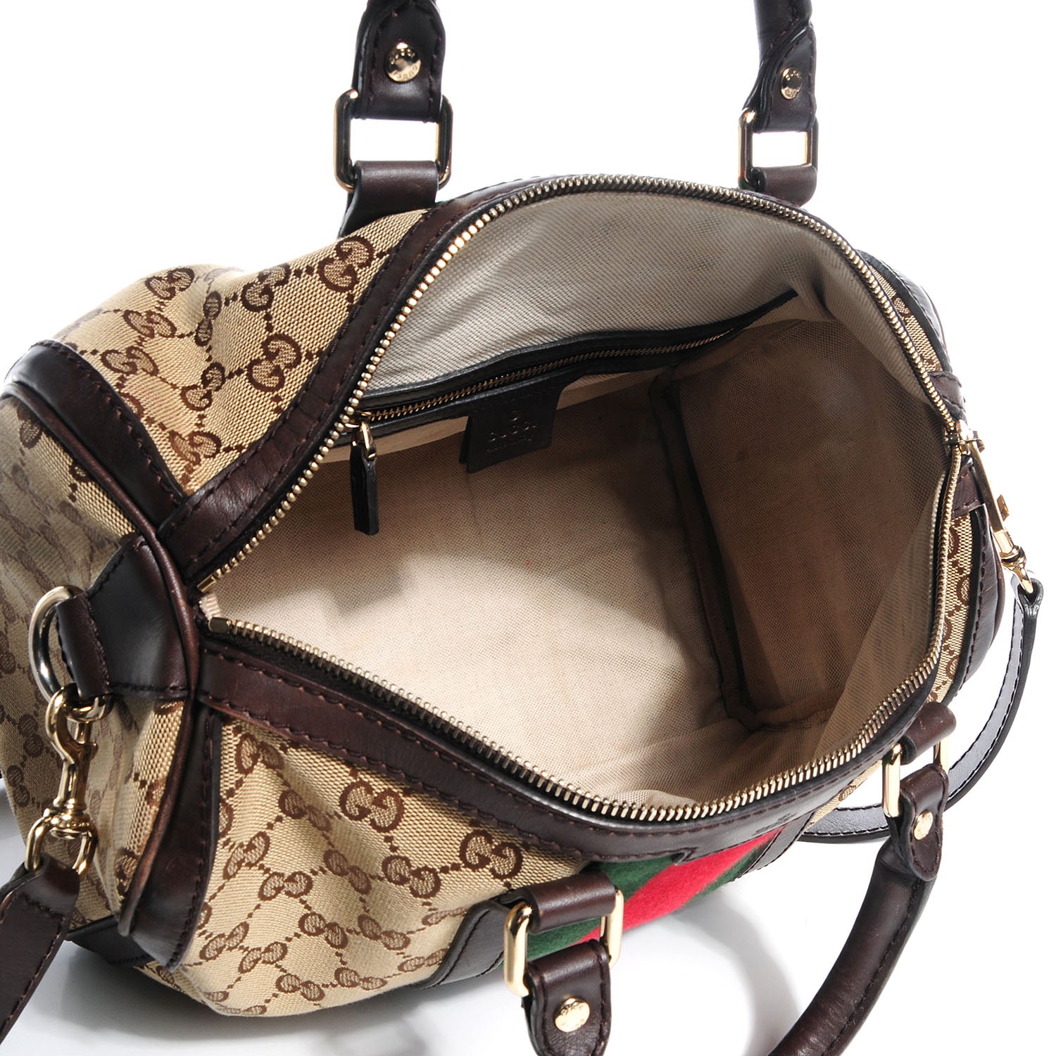 Gucci Monogram Selleria Calfskin Vintage Web Medium Boston Beige Ebony Cocoa 12 of 14
