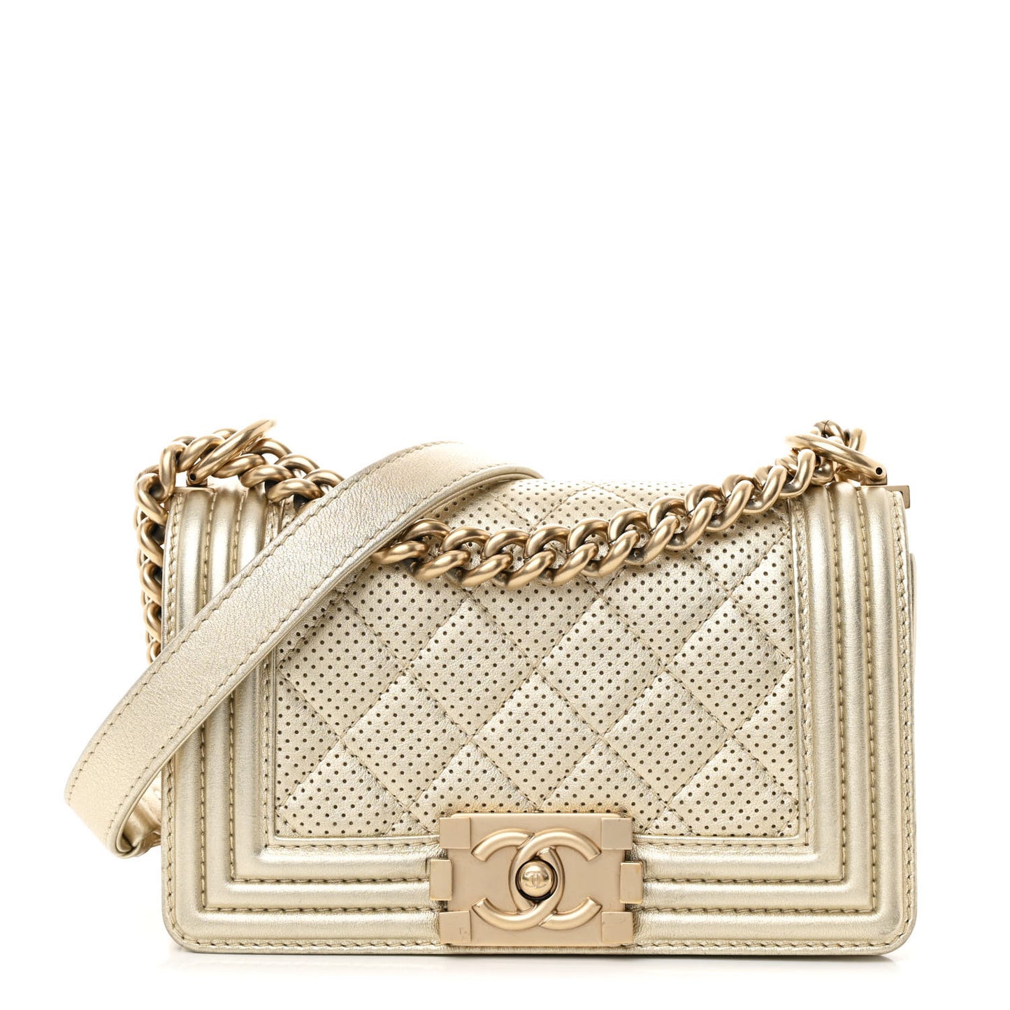 Metallic Calfskin Perforated Small Boy Flap Gold