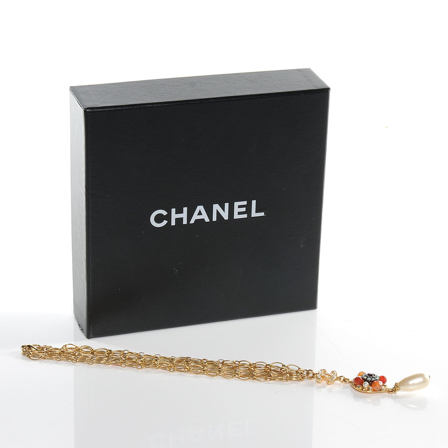 Jeweled Pearl CC Logo Drop Necklace Gold