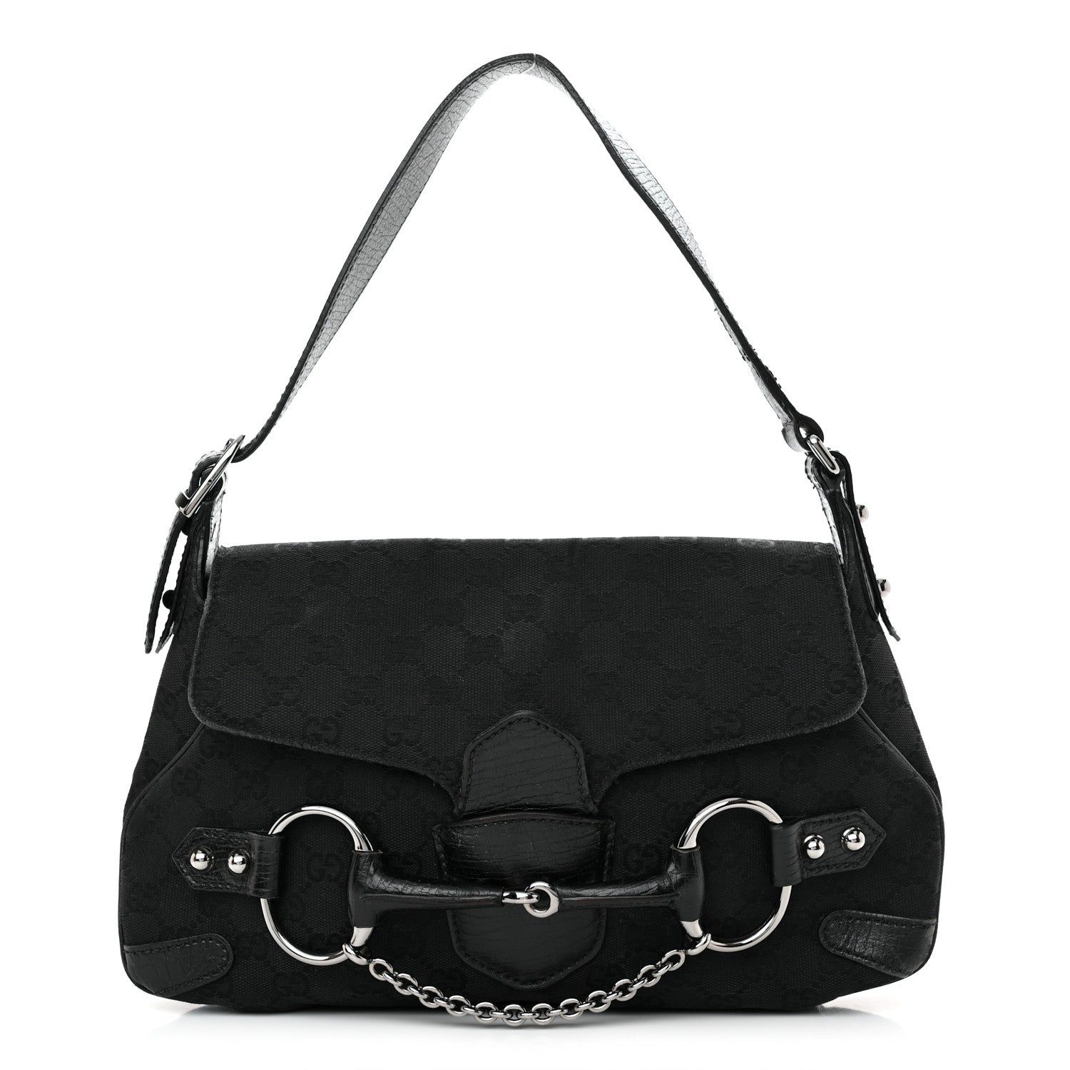 Gucci Monogram Horsebit Chain Flap Shoulder Bag Black 1 of 18