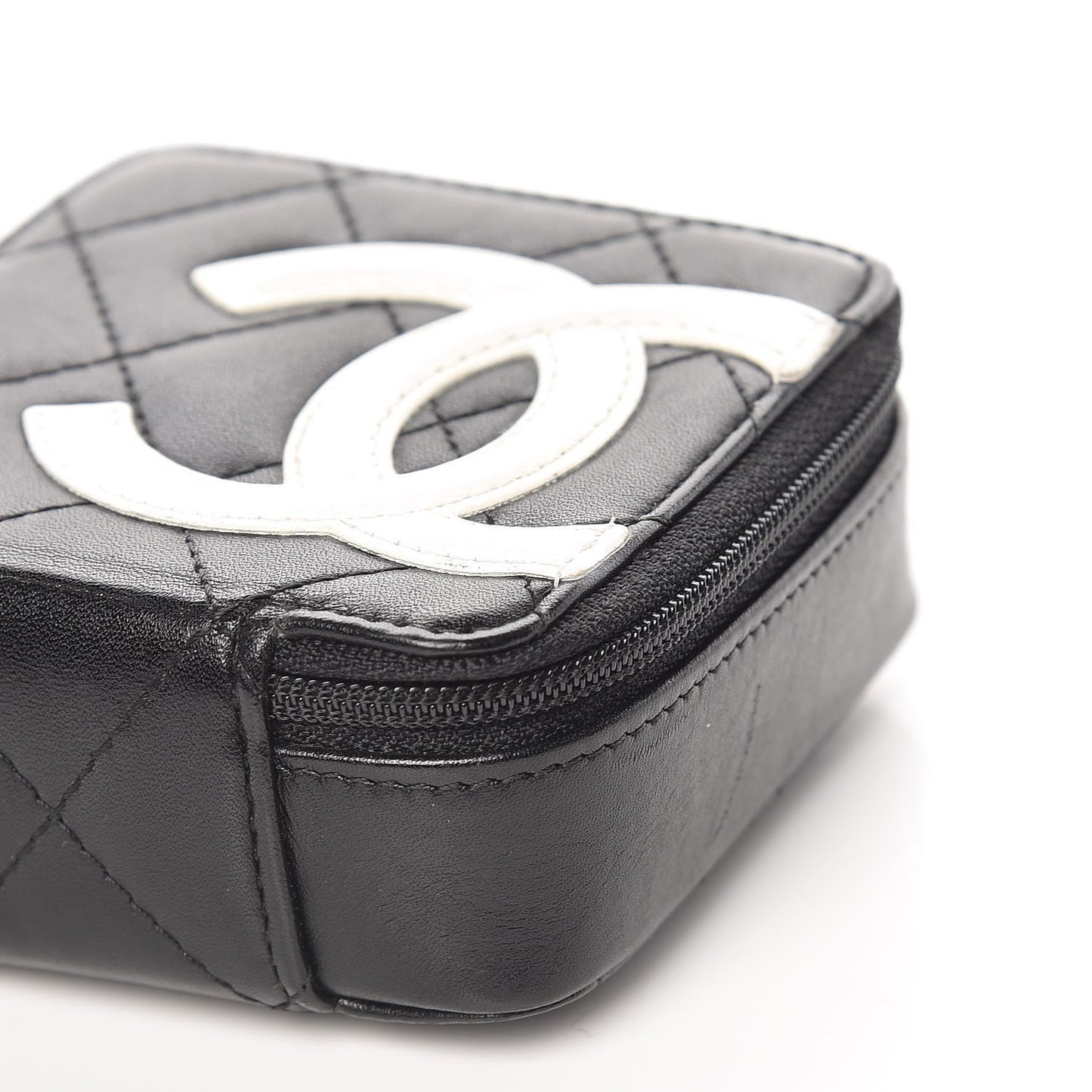 Calfskin Quilted Cambon Zip Around Makeup Pouch Black White