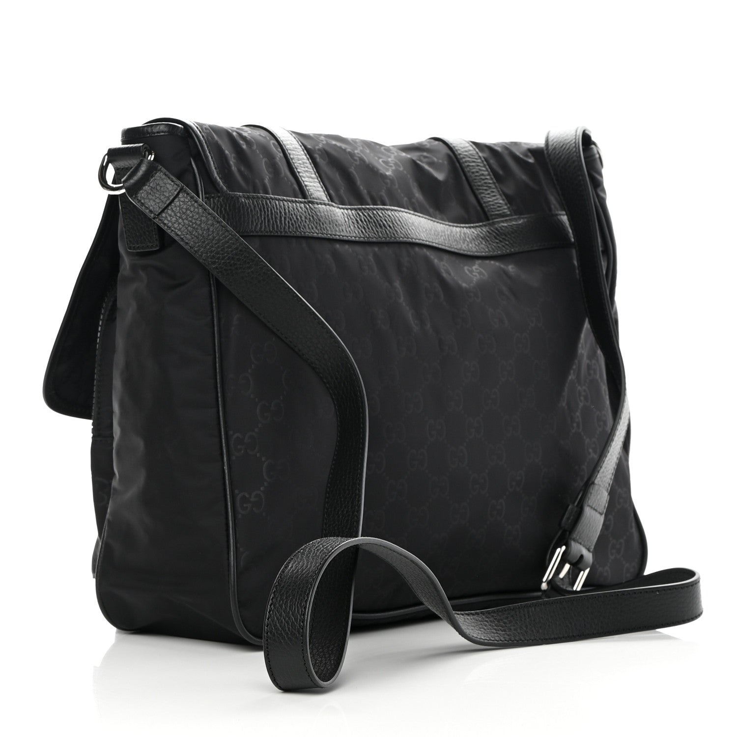 Gucci Nylon Monogram Double Buckle Flap Messenger Bag Black 3 of 10