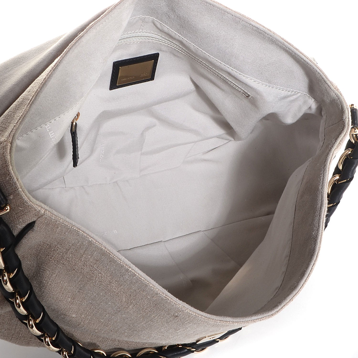 Fendi Linen Embroidered Mia Shoulder Flap Beige Black 5 of 9