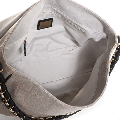 Fendi Linen Embroidered Mia Shoulder Flap Beige Black 5 of 9