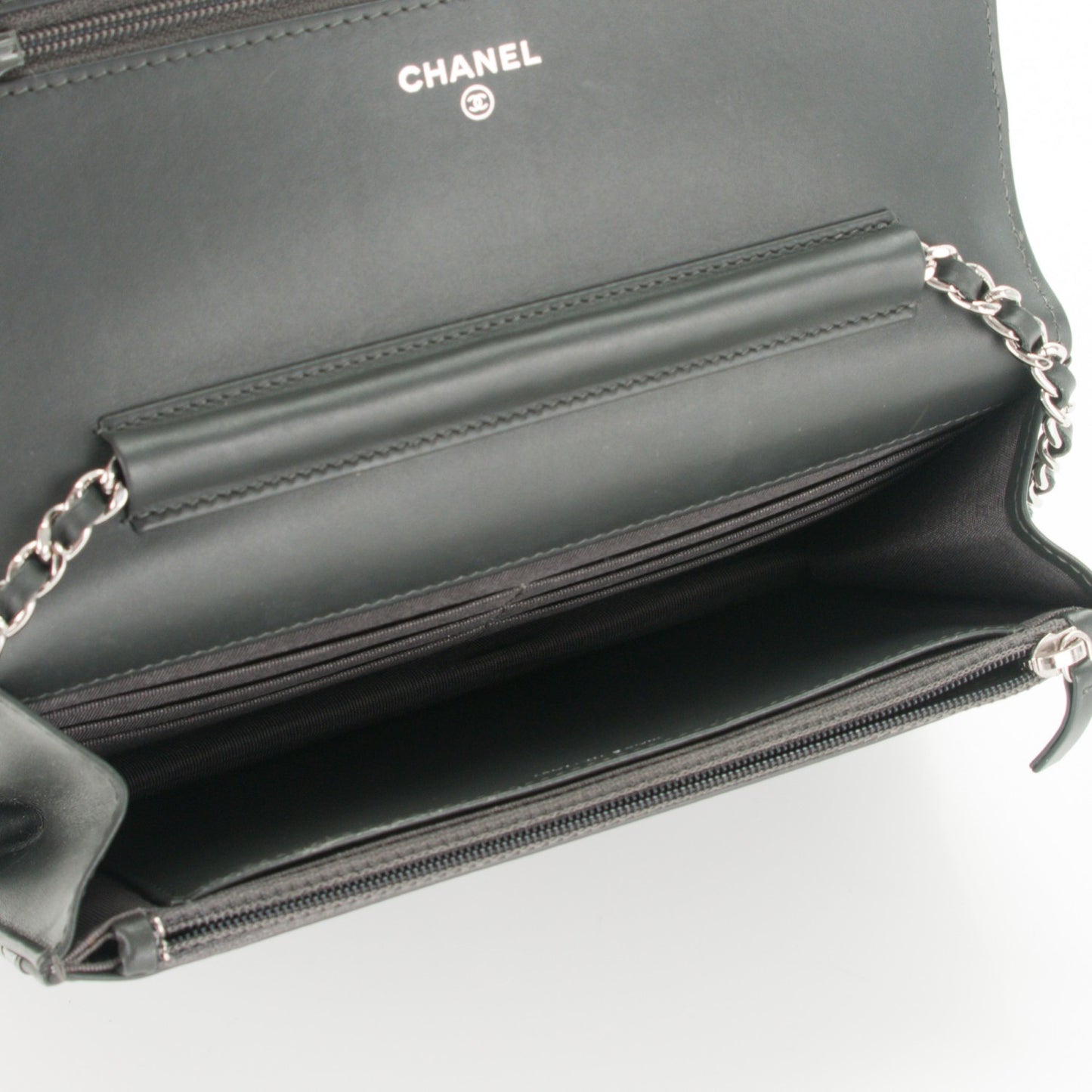 Patent Quilted Wallet On Chain WOC Dark Grey