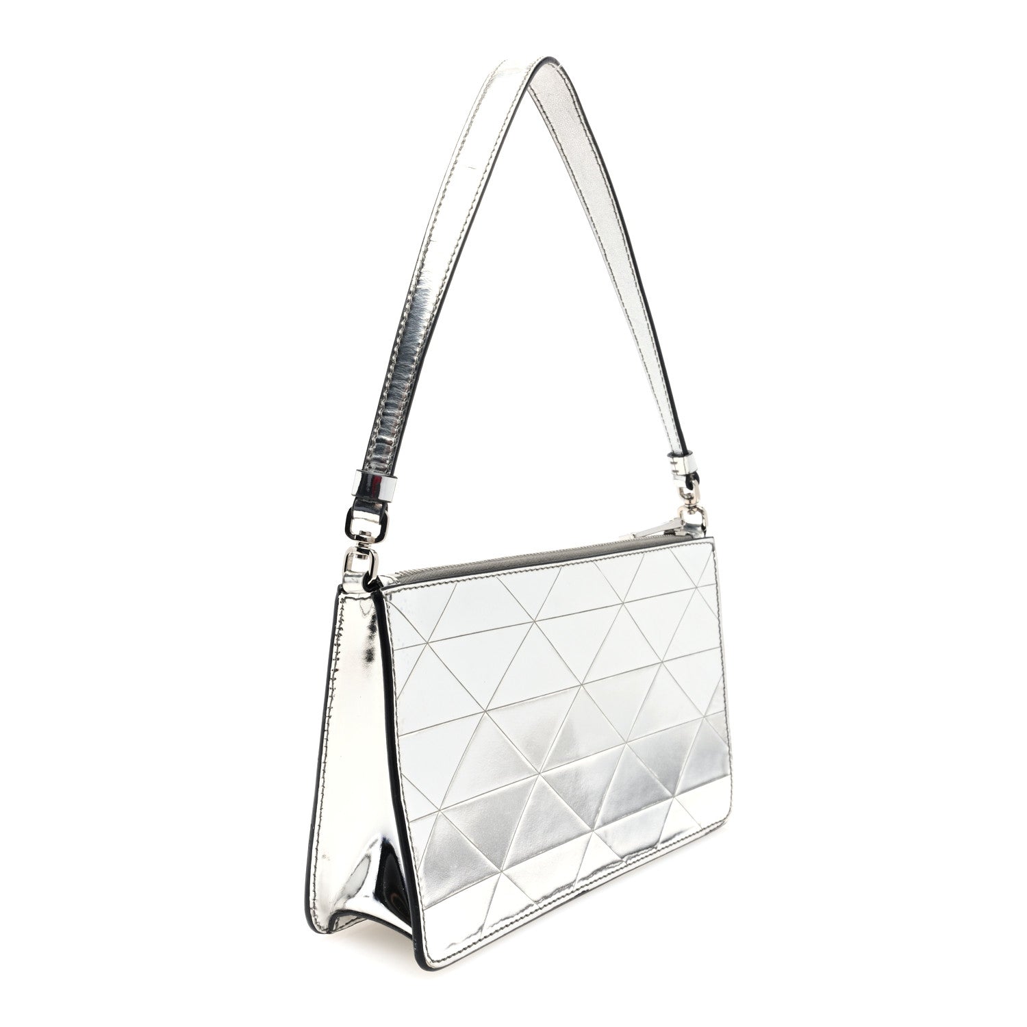 Prada Spazzolato Metal Triangle Logo Triangle Patterned Mini Shoulder Bag Argento 3 of 10