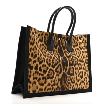 Saint Laurent Canvas Calfskin Leopard Print Rive Gauche Noe Tote Natural Black 3 of 14