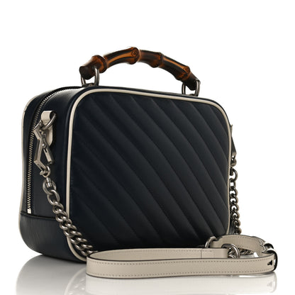 Gucci Vintage Effect Calfskin Matelasse Diagonal Small Torchon GG Marmont Bamboo Top Handle Shoulder Bag Blue Agata Mystic White 3 of 11