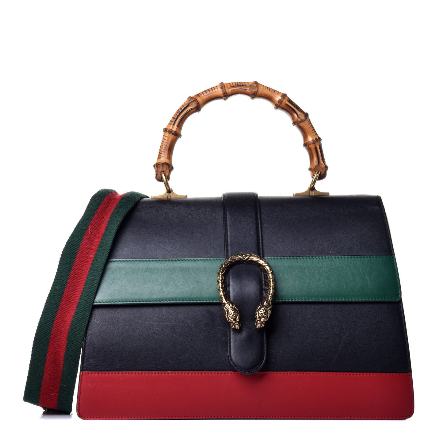 Calfskin Bamboo Web Large Dionysus Top Handle Bag Black Bright Evergreen Hibiscus Red