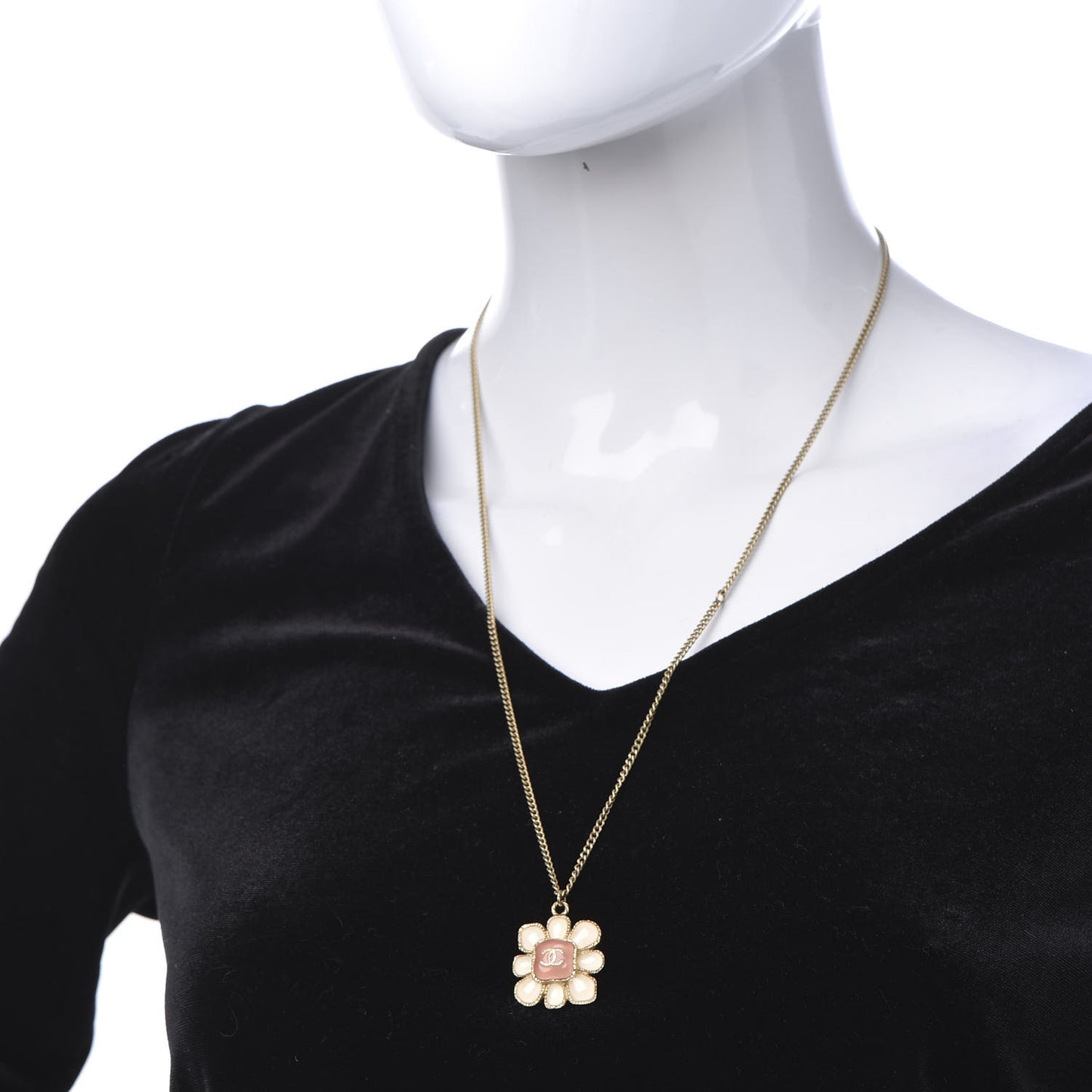 Gripoix Poured Glass CC Korean Blossom Pendant Necklace Pink Gold