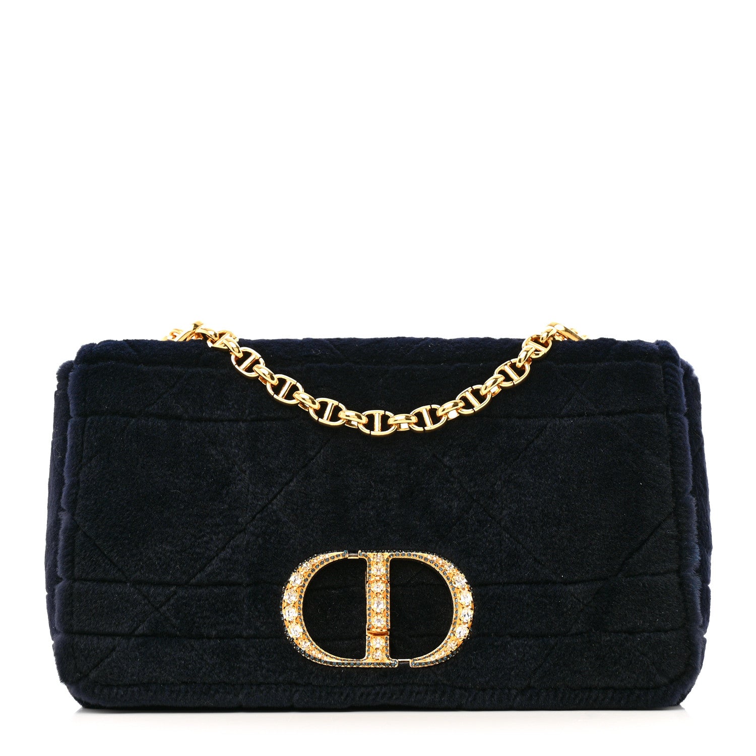 Christian Dior Rabbit Fur Alligator Crystal Cannage Medium Caro Bag Navy 1 of 12