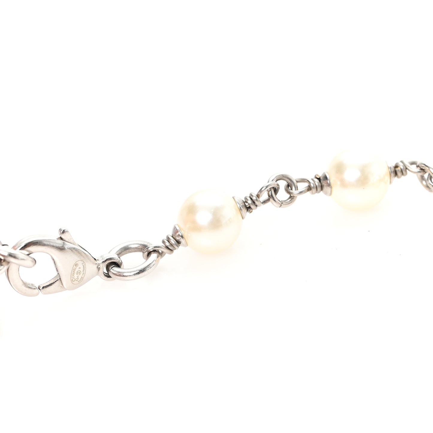 Graduated Pearl Crystal CC Long Necklace Silver