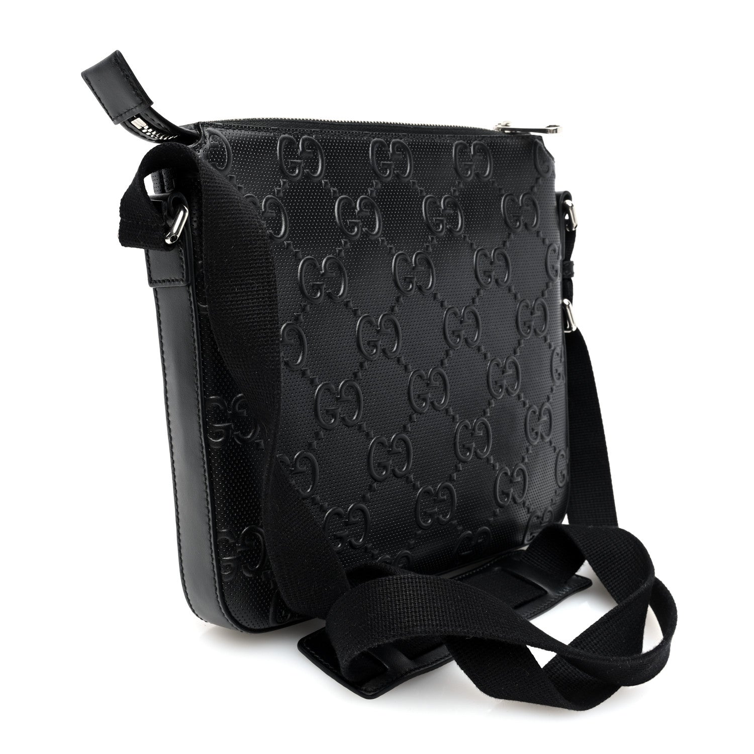 Gucci Calfskin GG Tennis Embossed Small Flat Messenger Bag Black 3 of 9